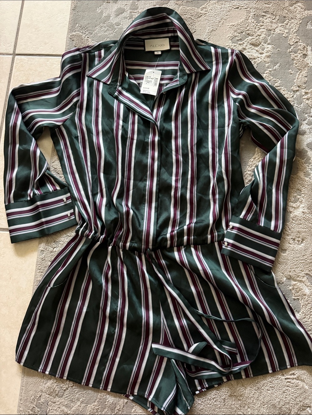 Alexis Dark Green Striped Long-Sleeve Romper with Burgundy and White Stripes